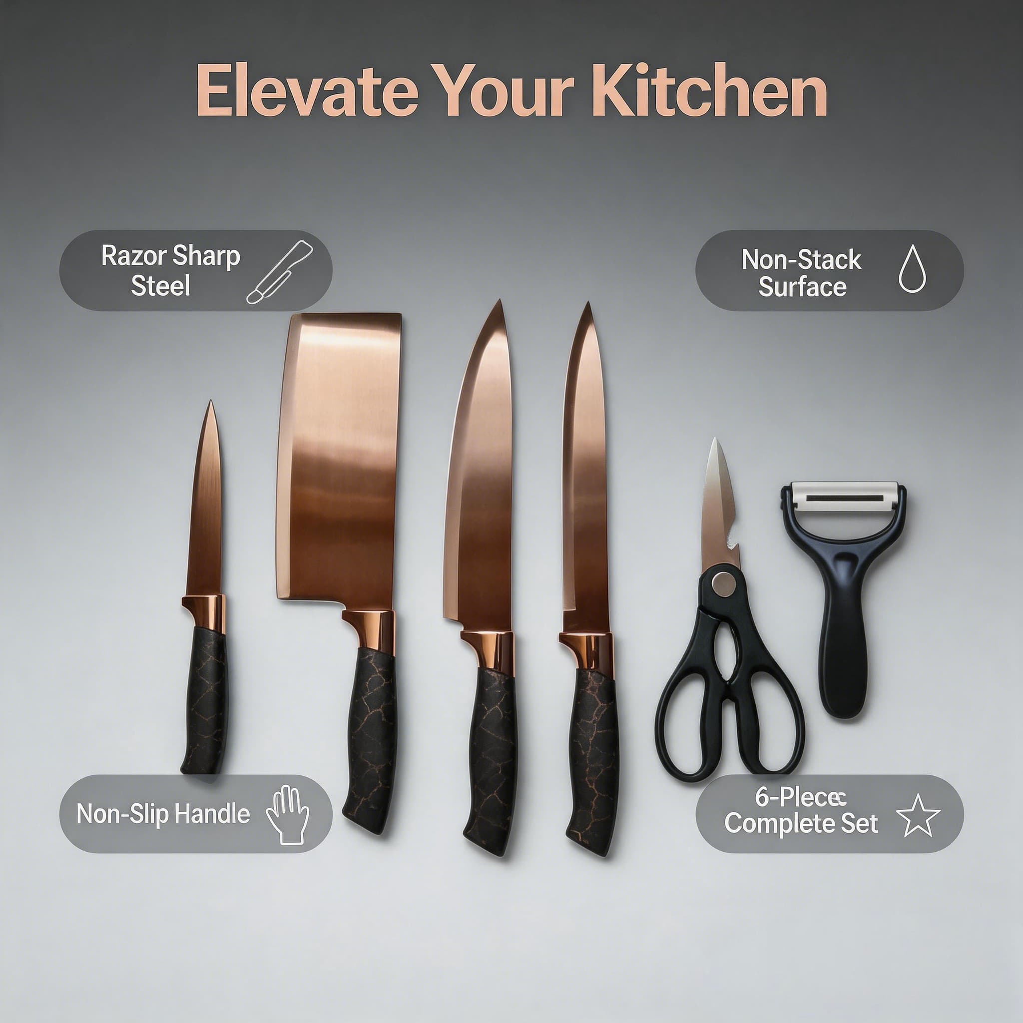 6-Piece Rose Gold Titanium-Coated Kitchen Knife Gift Set, with Non-Slip Handles and Ergonomic Design
