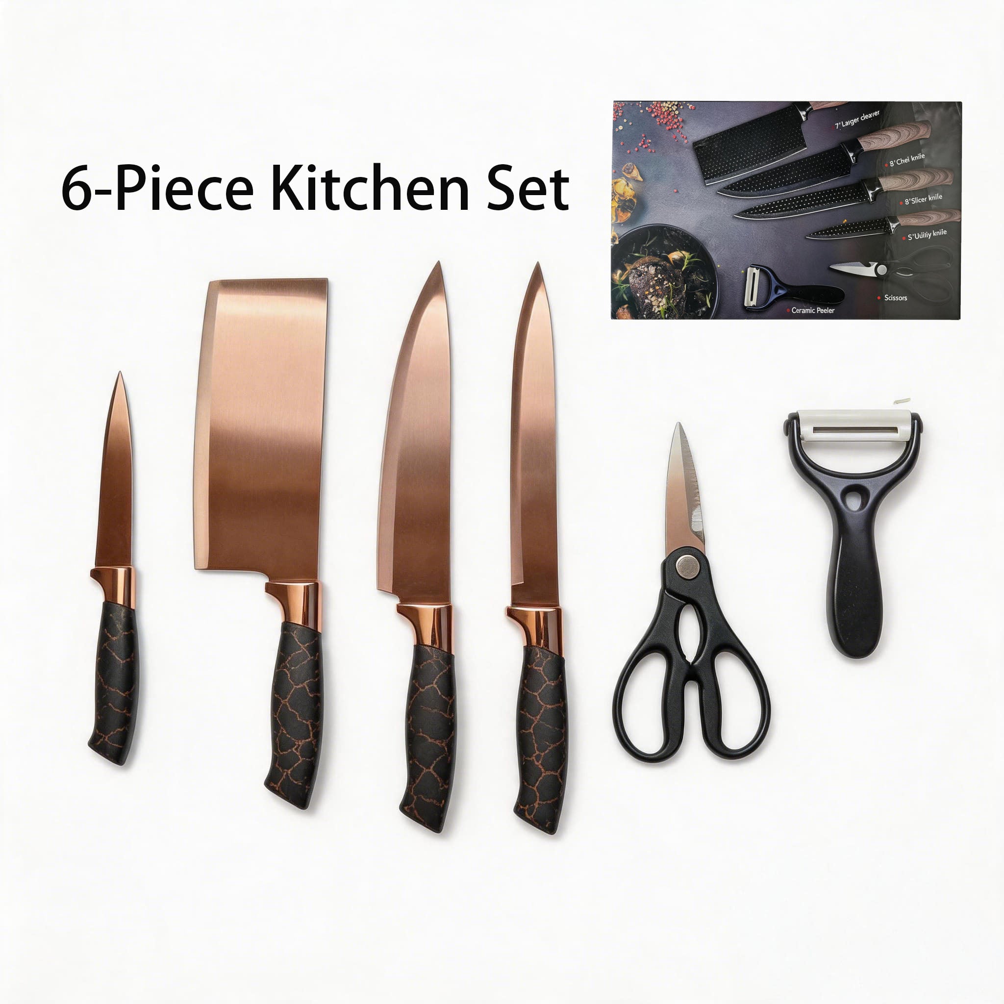 6-Piece Rose Gold Titanium-Coated Kitchen Knife Gift Set, with Non-Slip Handles and Ergonomic Design