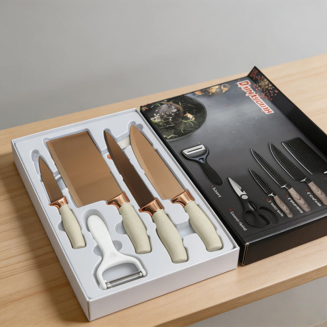 6-Piece Cream Rose Gold Titanium Kitchen Knife Gift Set