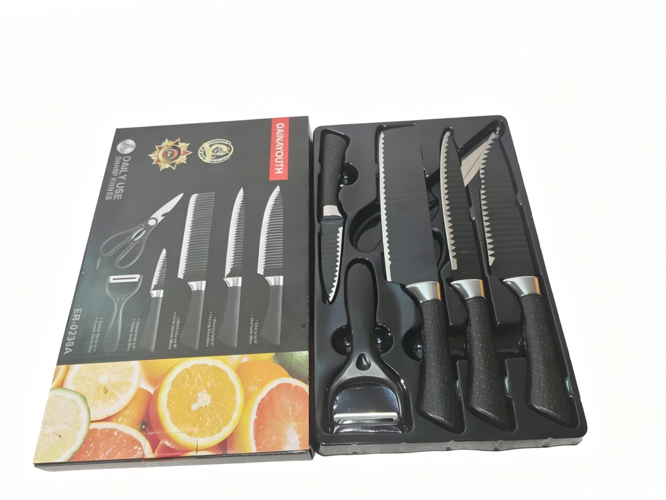 6-Piece Black Wave Non-Stick Kitchen Knife Set with Crocodile Anti-Slip Handles