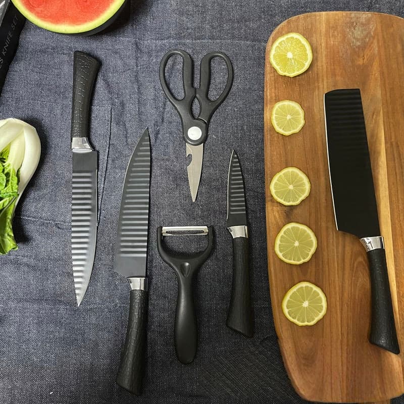 6-Piece Black Wave Non-Stick Kitchen Knife Set, Crocodile Embossed Anti-Slip Handles