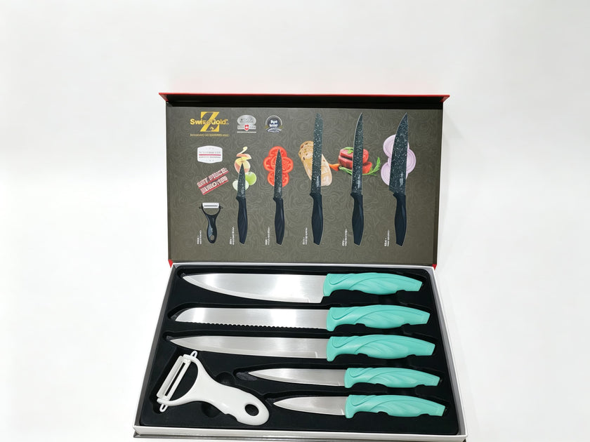 6 Pcs Polished Stainless Steel Kitchen Knife Set, Fresh Turquoise Leaf-Shaped Ergonomic Handles