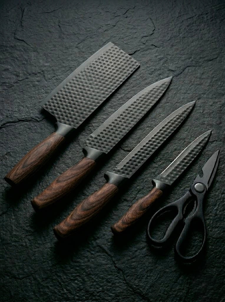 6-Piece Black Hammered Stainless Steel Kitchen Knife Set with Wood-Look Ergonomic Handles and a Bamboo Knife Block with Vertical Stripes for Storage