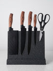 6-Piece Black Hammered Stainless Steel Kitchen Knife Set with Wood-Look Ergonomic Handles and a Bamboo Knife Block with Vertical Stripes for Storage