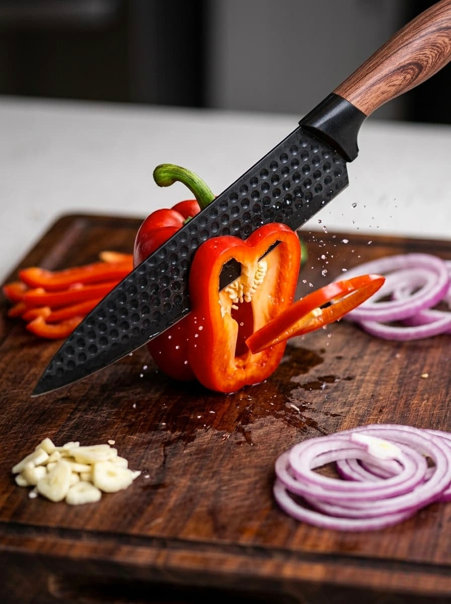 6-Piece Black Hammered Stainless Steel Kitchen Knife Set with Wood-Look Ergonomic Handles and a Bamboo Knife Block with Vertical Stripes for Storage
