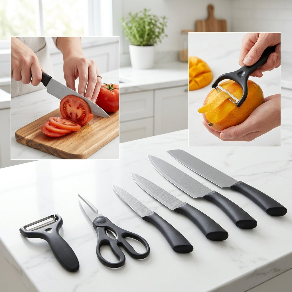 6-Piece Plain Stainless Steel Kitchen Knife Gift Set with Ergonomic Black Handles