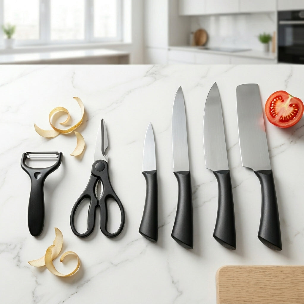 6-Piece Plain Stainless Steel Kitchen Knife Gift Set with Ergonomic Black Handles