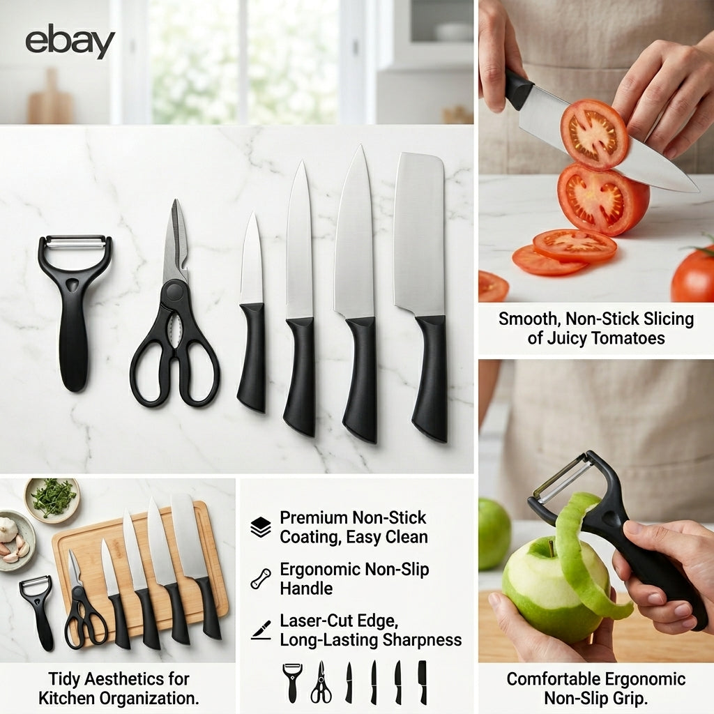 6-Piece Plain Stainless Steel Kitchen Knife Gift Set with Ergonomic Black Handles