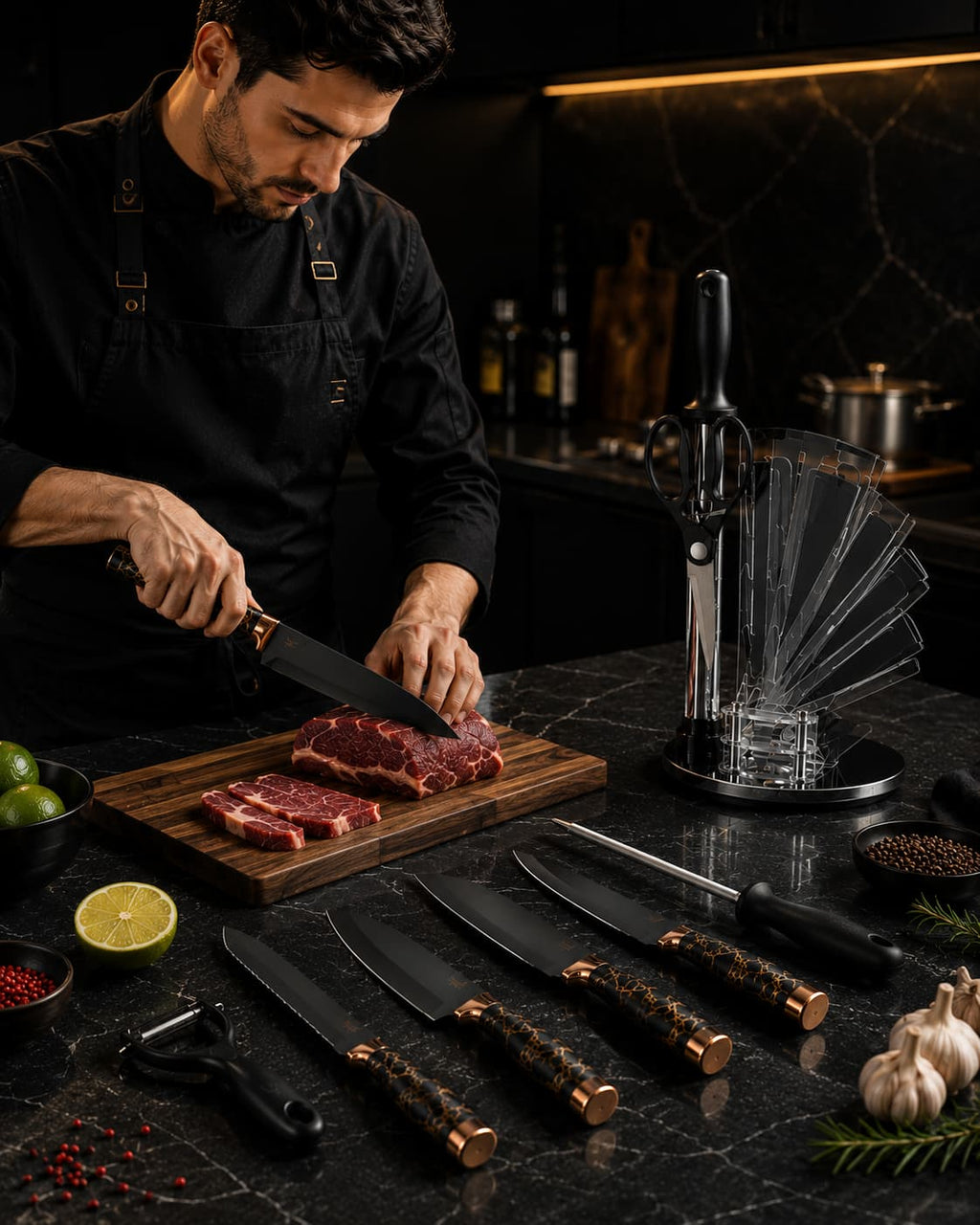 8 Pieces High-Carbon Forged Knife Set | Professional Cutlery Collection with Rotating Stand | Premium Black & Copper Aesthetic Design