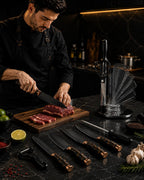 8 Pieces High-Carbon Forged Knife Set | Professional Cutlery Collection with Rotating Stand | Premium Black & Copper Aesthetic Design