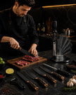 8 Pieces High-Carbon Forged Knife Set | Professional Cutlery Collection with Rotating Stand | Premium Black & Copper Aesthetic Design