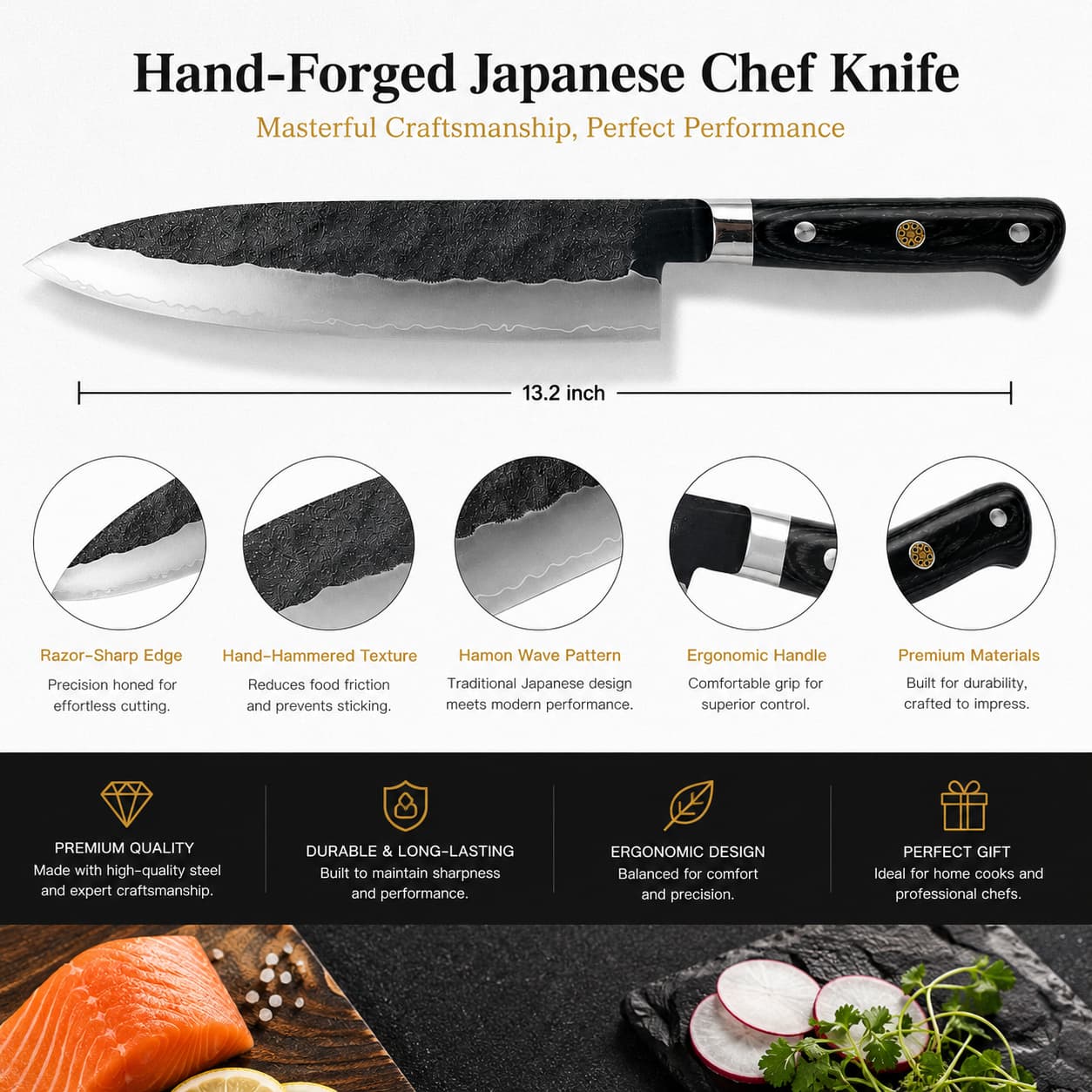 8 Inch VG10 Core Three-Ply Forged Chef Knife, Hand Hammered Blade, Stabilized Black Color Wood Handle, Professional Multipurpose Kitchen Cooking Knife
