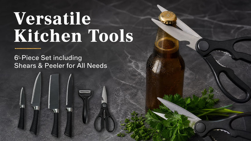 6-Piece Black Wave Non-Stick Kitchen Knife Set, Crocodile Embossed Anti-Slip Handles