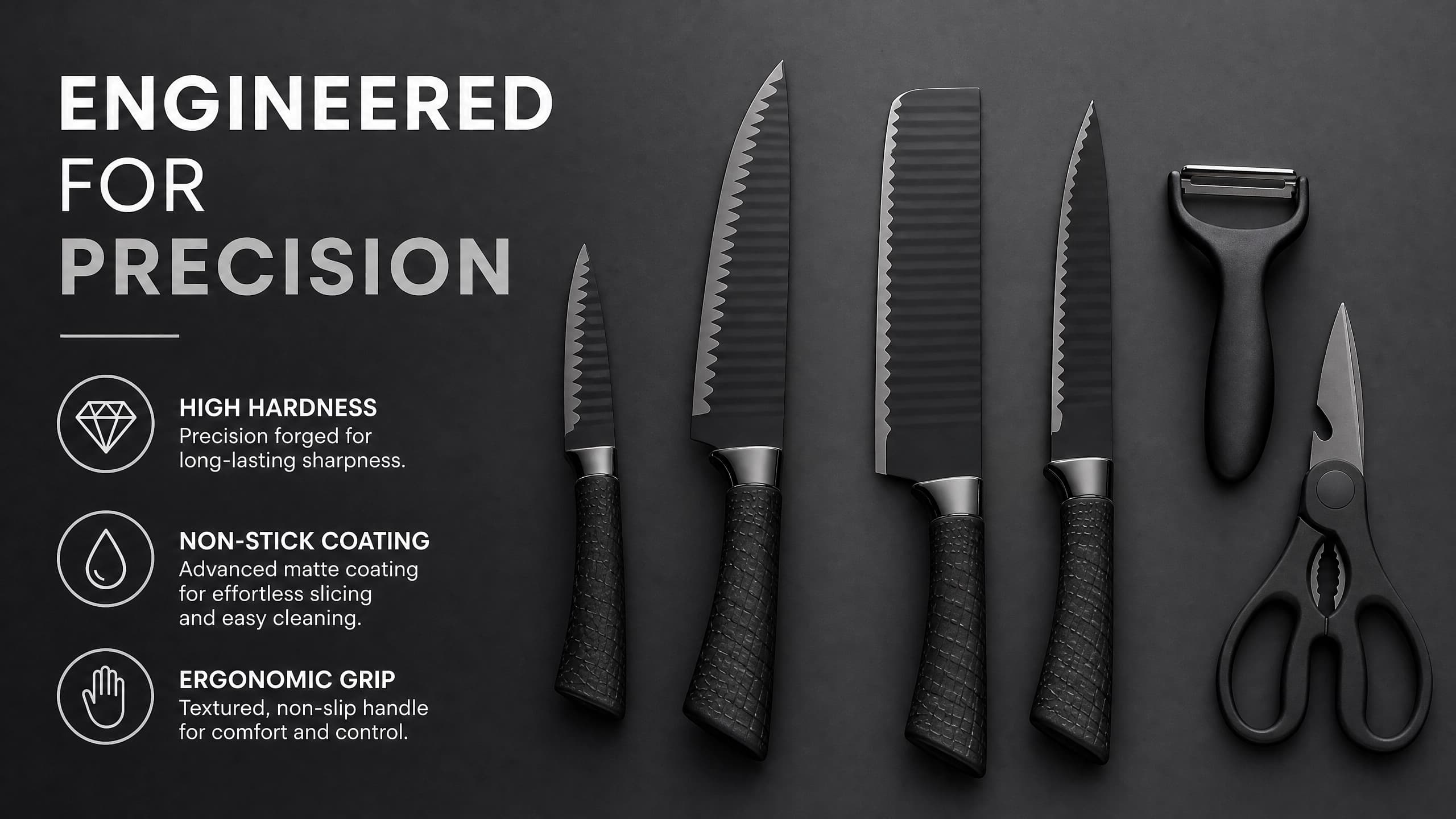 6-Piece Black Wave Non-Stick Kitchen Knife Set, Crocodile Embossed Anti-Slip Handles