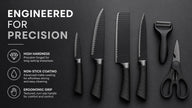 6-Piece Black Wave Non-Stick Kitchen Knife Set, Crocodile Embossed Anti-Slip Handles