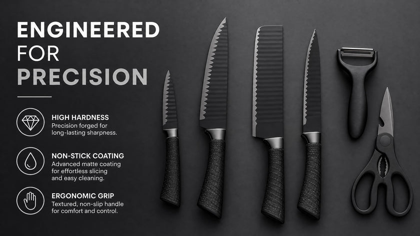 6-Piece Black Wave Non-Stick Kitchen Knife Set, Crocodile Embossed Anti-Slip Handles
