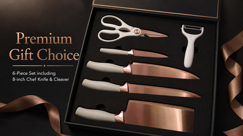 6-Piece Cream Rose Gold Titanium Kitchen Knife Gift Set