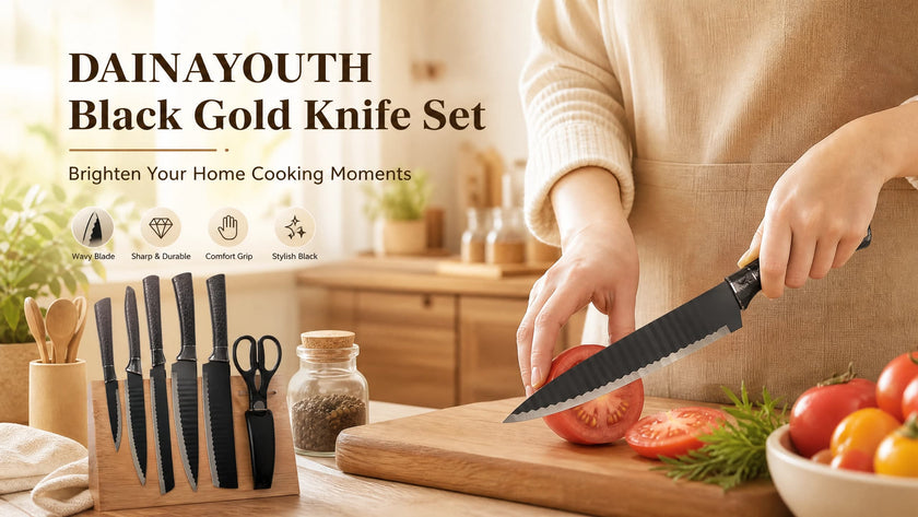 6-Piece Black Wave Non-Stick Kitchen Knife Set with Crocodile Anti-Slip Handles
