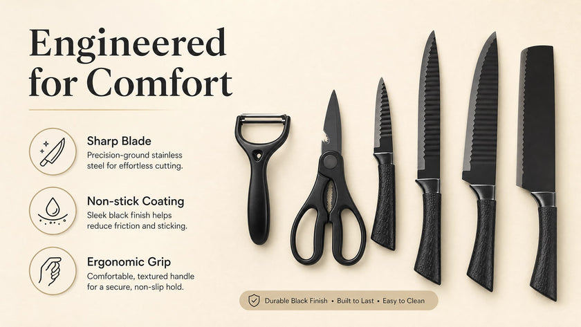 6-Piece Black Wave Non-Stick Kitchen Knife Set with Crocodile Anti-Slip Handles