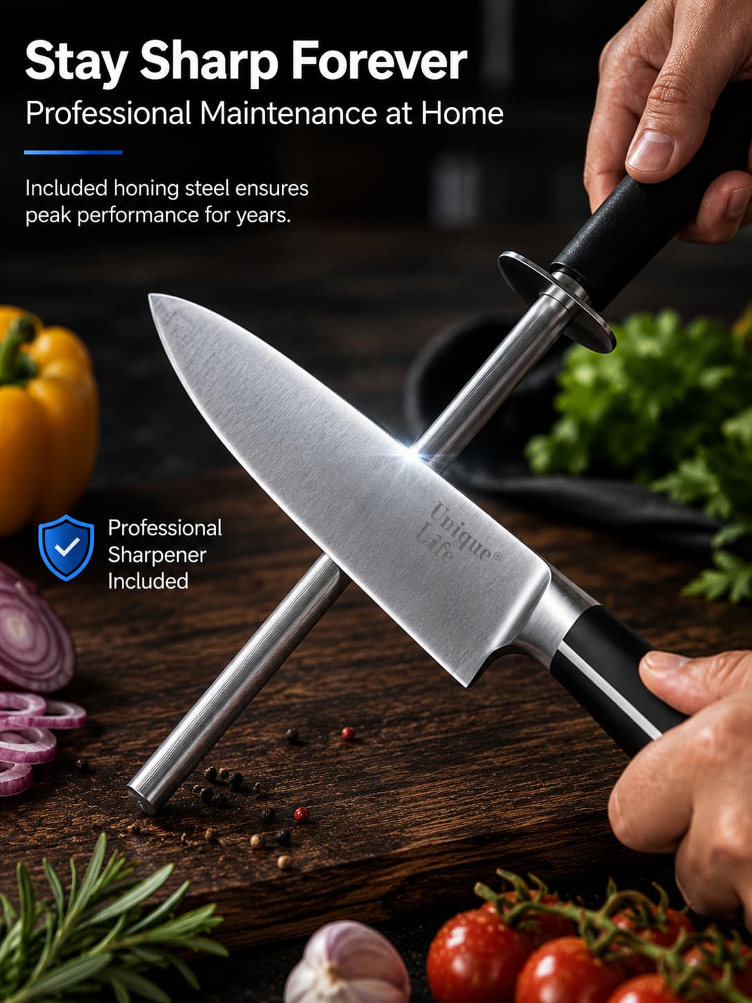 8 Pieces Premium Stainless Steel Kitchen Knife Set | 360° Rotating Acrylic Knife Block Complete Cutlery Collection