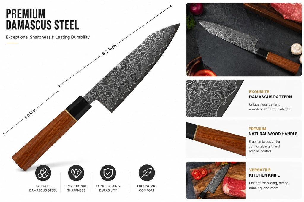 8.1 Inch 67-Layer Damascus Steel Kiritsuke Chef Knife, Traditional Octagonal Natural Wood Handle, Multipurpose Professional Kitchen Sushi & Meat Cutting Knife