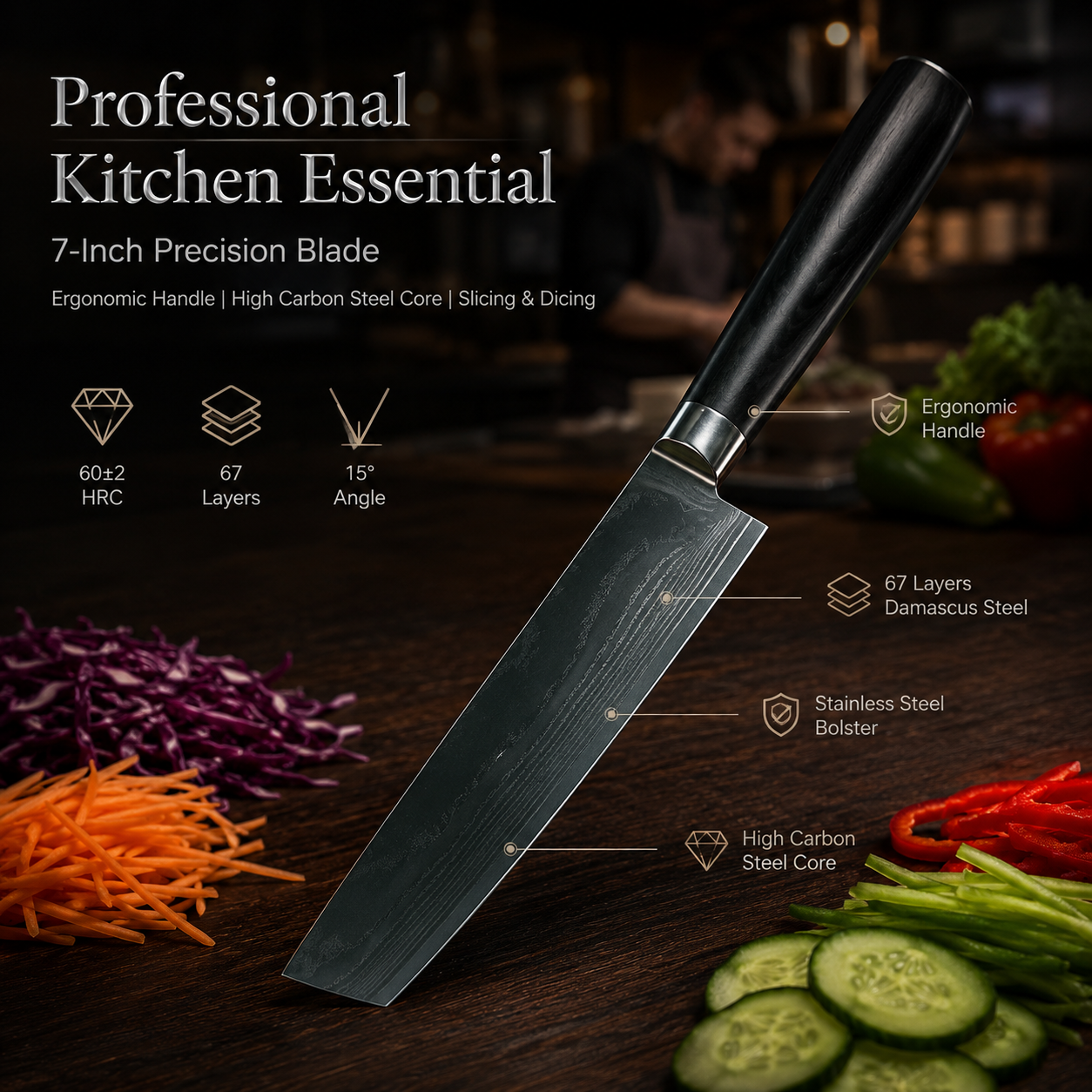 7 Inch 67-Layer High Carbon Damascus Steel Nakiri Knife, Ebony Wood Handle Japanese Vegetable Cleaver for Home & Professional Cooking