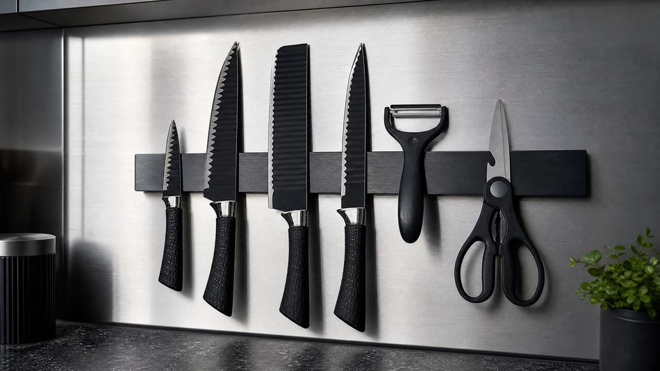 6-Piece Black Wave Non-Stick Kitchen Knife Set, Crocodile Embossed Anti-Slip Handles