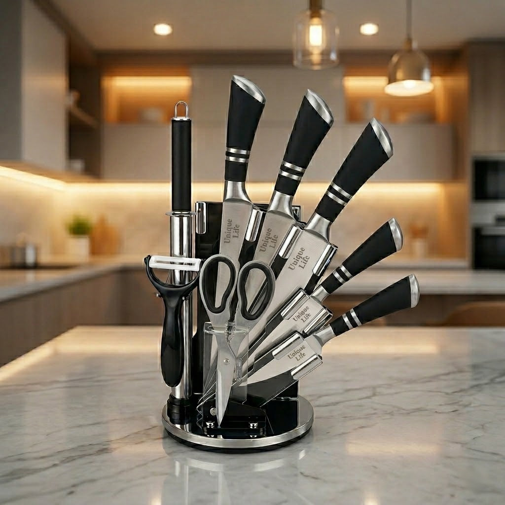 Unique Life 7 Pieces Professional Kitchen Knife Set | Ergonomic Non-Slip Handles | Premium Stainless Steel Cutlery with Rotating Stand