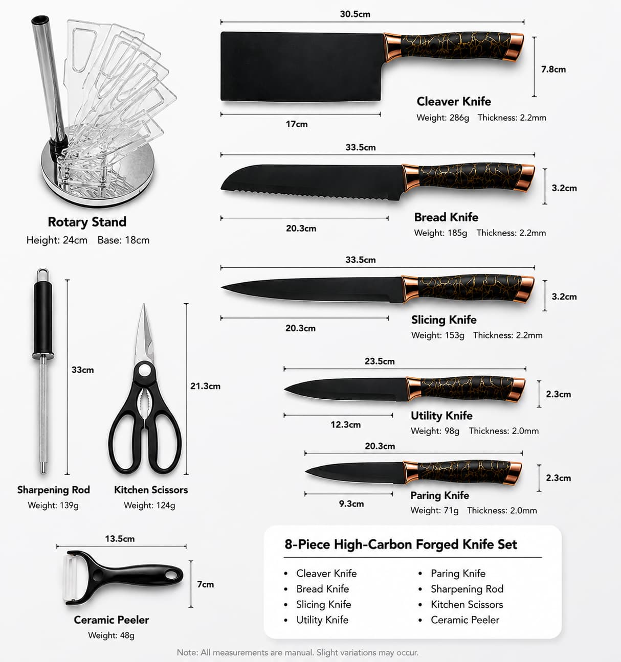 8 Pieces High-Carbon Forged Knife Set | Professional Cutlery Collection with Rotating Stand | Premium Black & Copper Aesthetic Design Secondary image