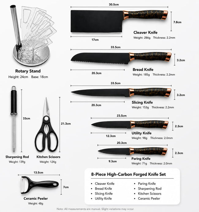 8 Pieces High-Carbon Forged Knife Set | Professional Cutlery Collection with Rotating Stand | Premium Black & Copper Aesthetic Design
