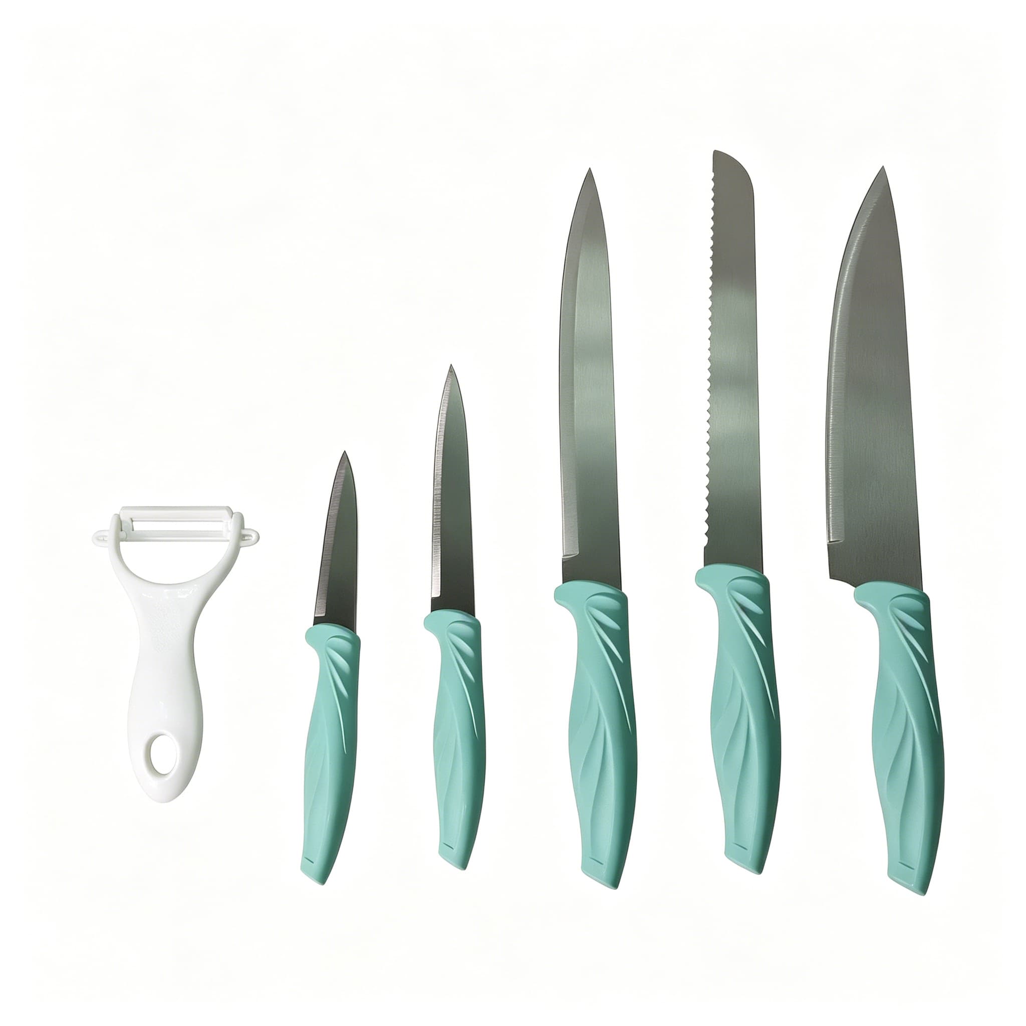 6 Pcs Polished Stainless Steel Kitchen Knife Set, Fresh Turquoise Leaf-Shaped Ergonomic Handles