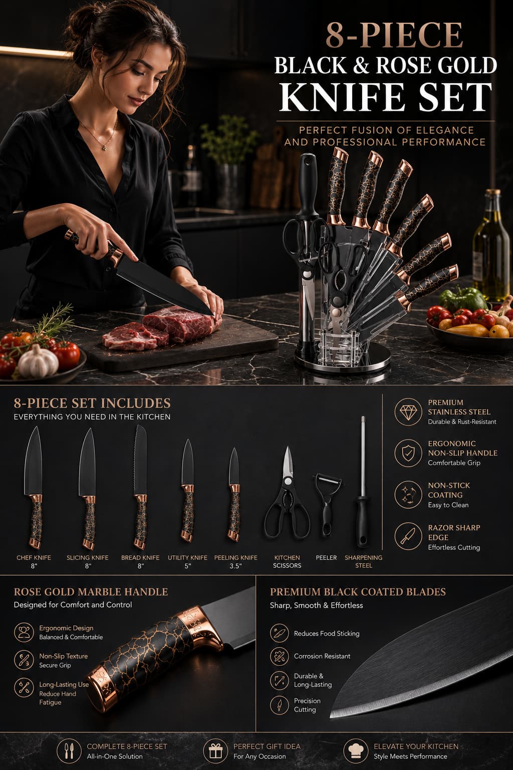 8 Pieces High-Carbon Forged Knife Set | Professional Cutlery Collection with Rotating Stand | Premium Black & Copper Aesthetic Design
