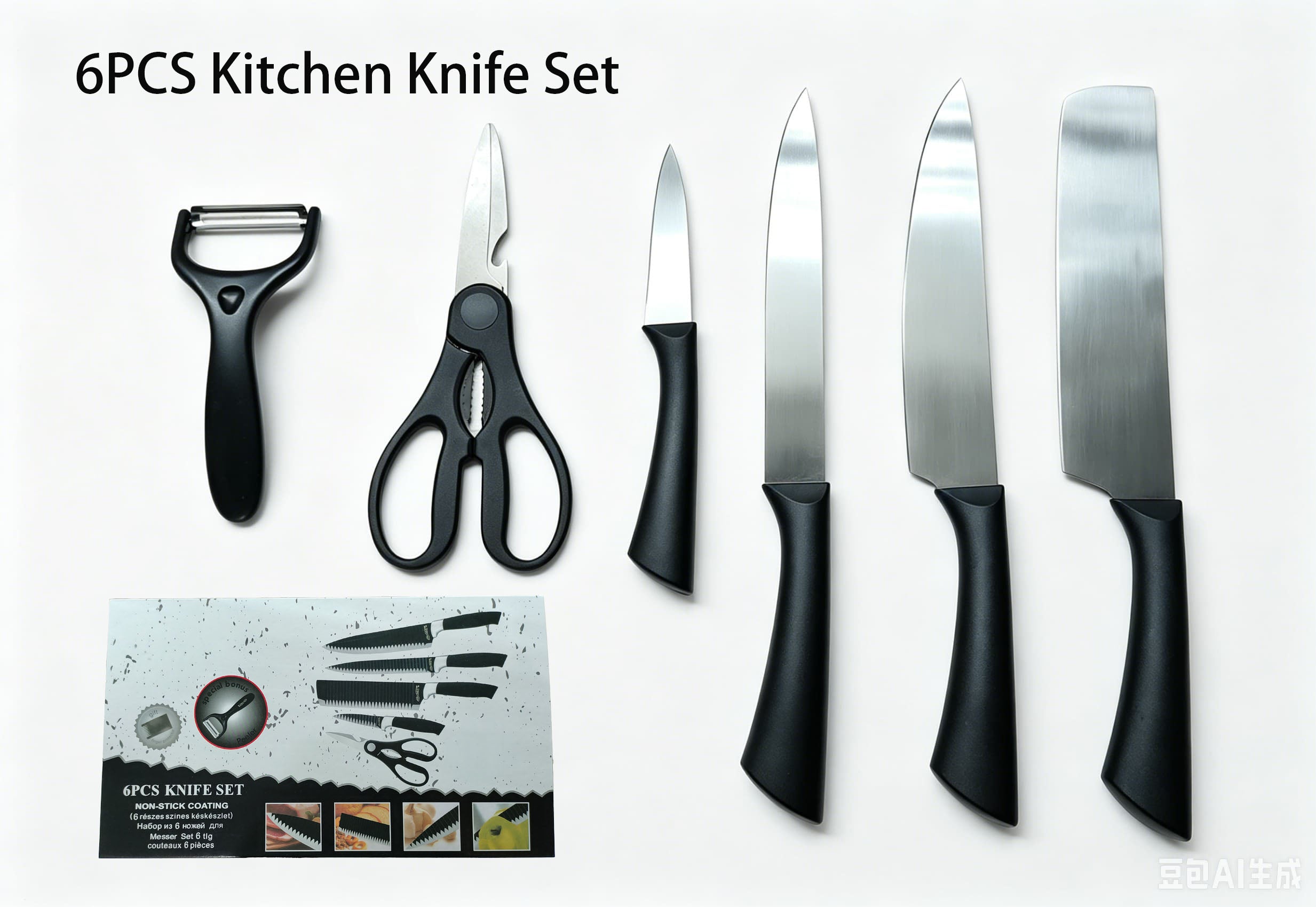 6-Piece Plain Stainless Steel Kitchen Knife Gift Set with Ergonomic Black Handles