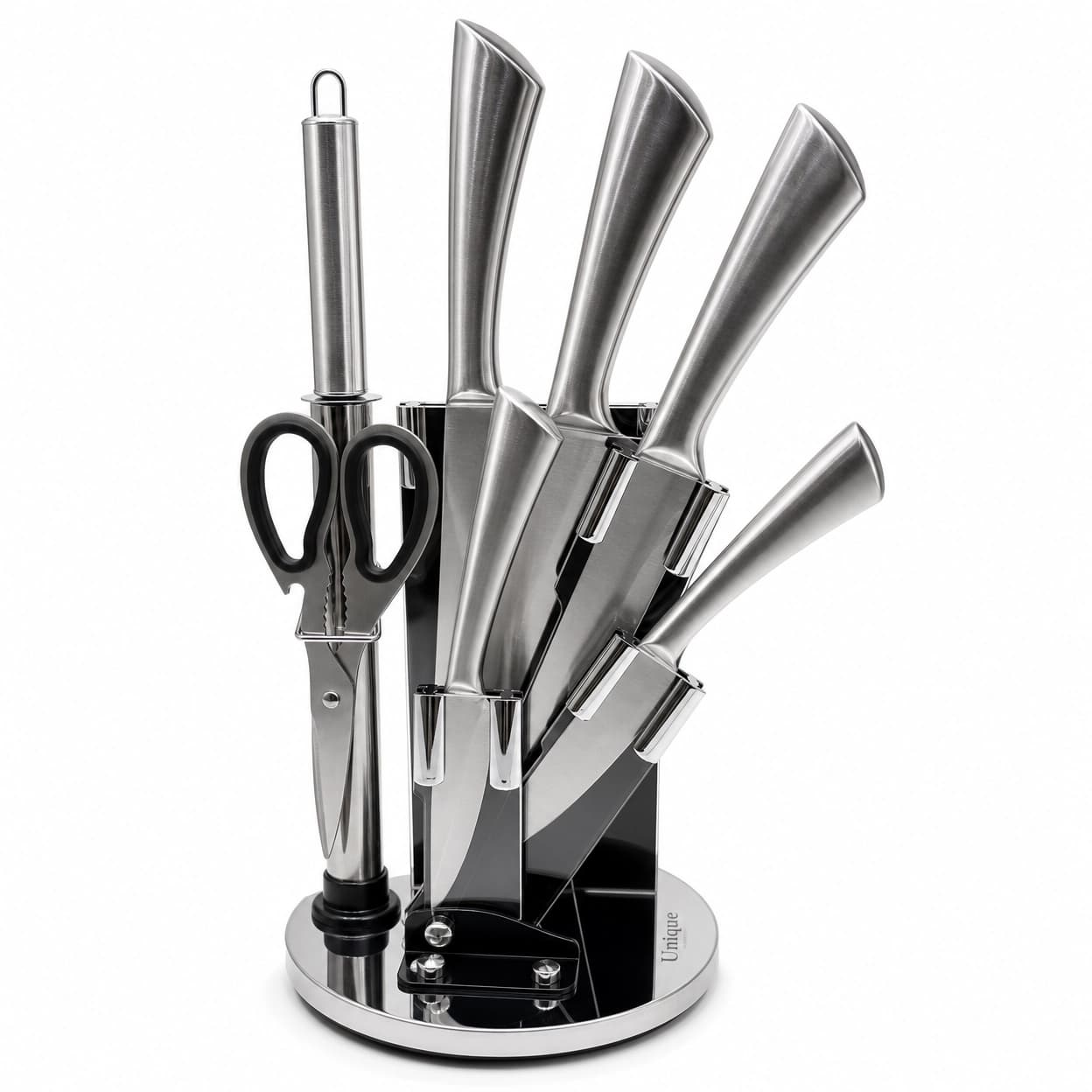 Unique Life 7 Pieces Premium Stainless Steel Kitchen Knife Set with Rotating Stand - Professional Forged Cutlery for Modern Home Cooking