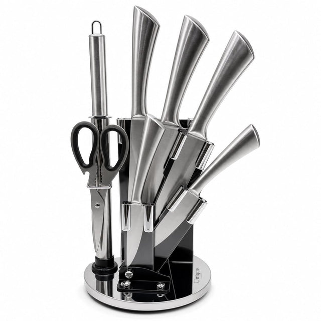 Unique Life 7 Pieces Premium Stainless Steel Kitchen Knife Set with Rotating Stand - Professional Forged Cutlery for Modern Home Cooking