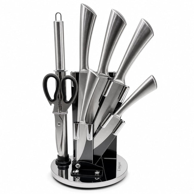 Unique Life 7 Pieces Premium Stainless Steel Kitchen Knife Set with Rotating Stand - Professional Forged Cutlery for Modern Home Cooking
