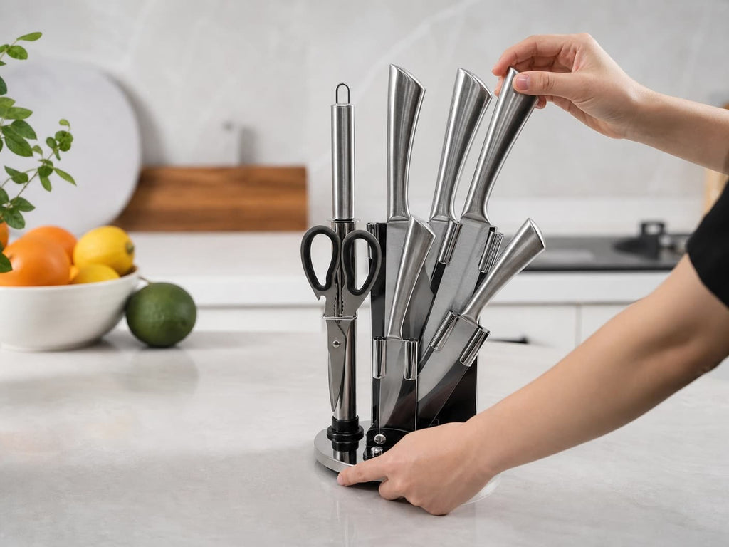 Unique Life 7 Pieces Premium Stainless Steel Kitchen Knife Set with Rotating Stand - Professional Forged Cutlery for Modern Home Cooking