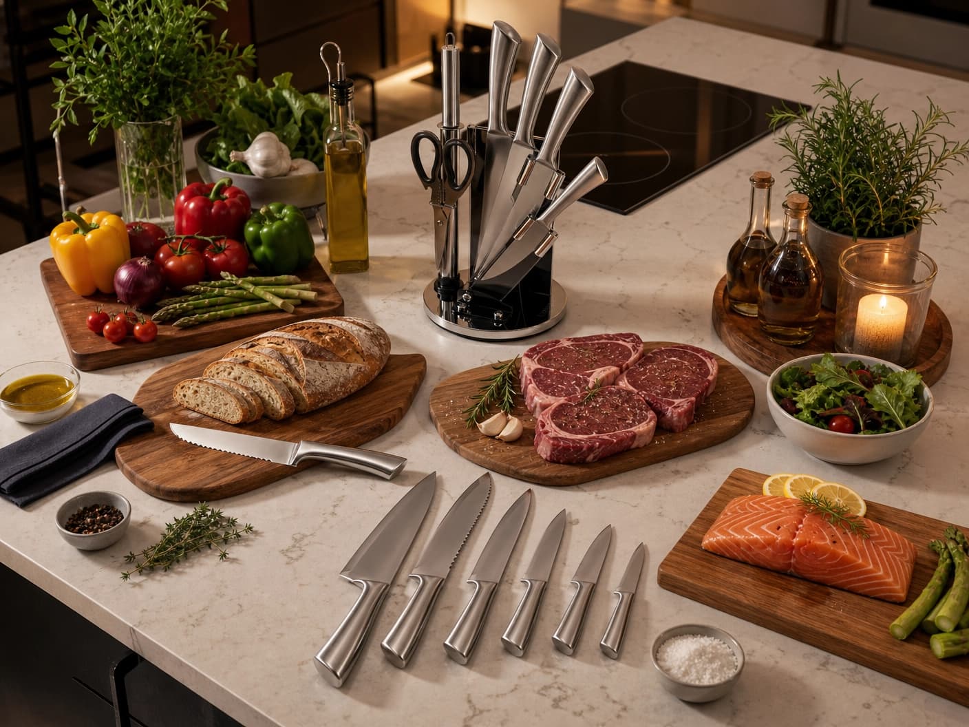 Unique Life 7 Pieces Premium Stainless Steel Kitchen Knife Set with Rotating Stand - Professional Forged Cutlery for Modern Home Cooking