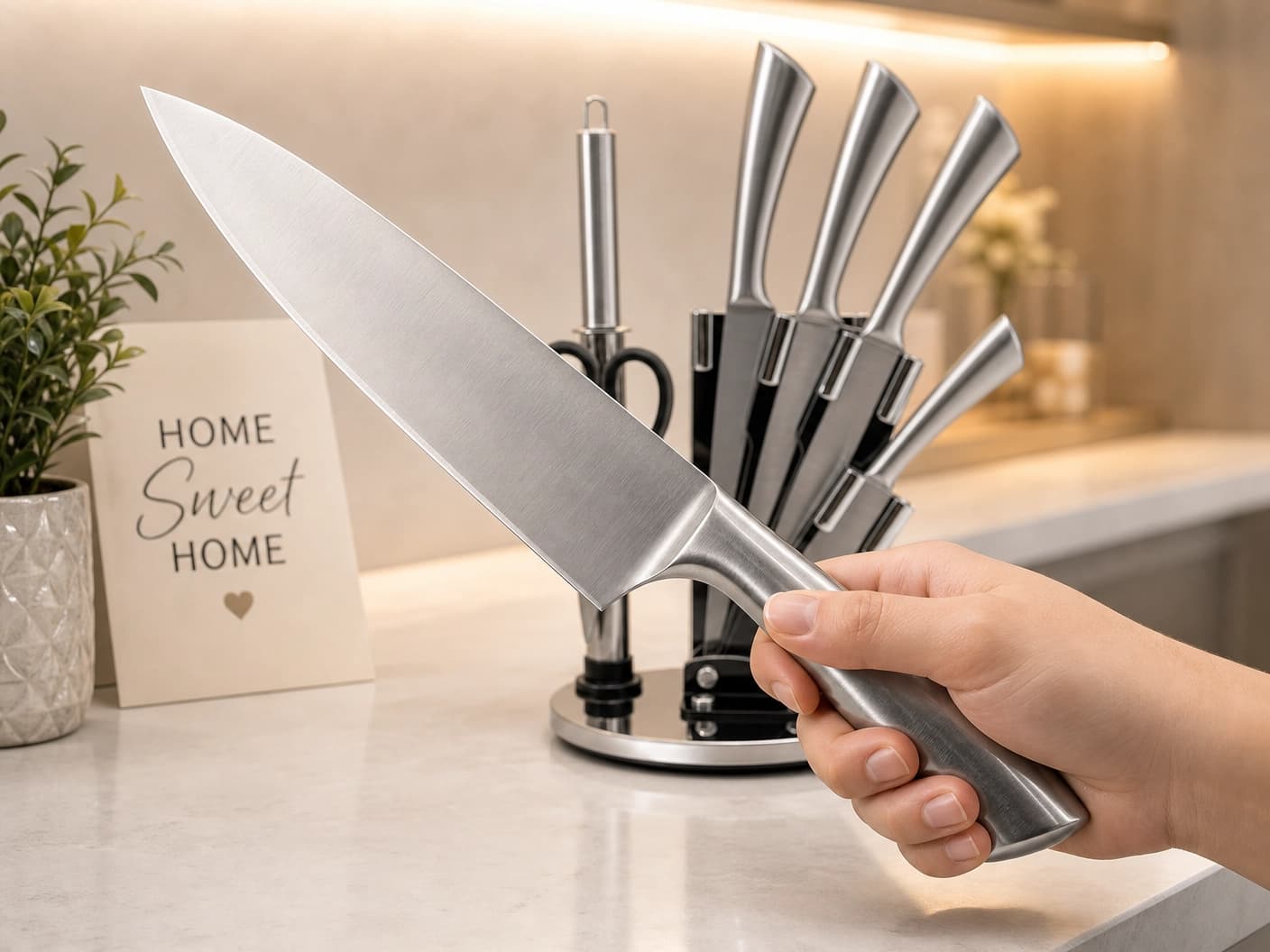 Unique Life 7 Pieces Premium Stainless Steel Kitchen Knife Set with Rotating Stand - Professional Forged Cutlery for Modern Home Cooking