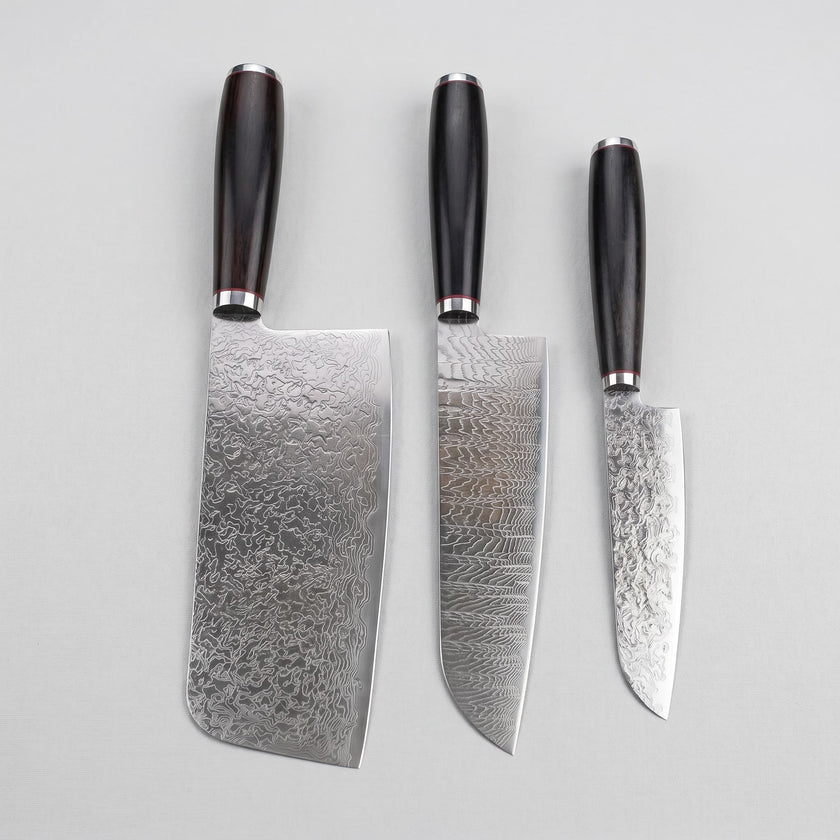 3 Pieces 67-Layer 9Cr18 Damascus Kitchen Knife Set, Ebony Wood Handle, Paring/Santoku/Slicer Premium Chef Knives