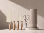 6-Piece Cream-Colored Hammered Stainless Steel Kitchen Knife Set with Wood-Look Ergonomic Handles and a Versatile Vertical Slotted Knife Block with Gold-Toned Edges