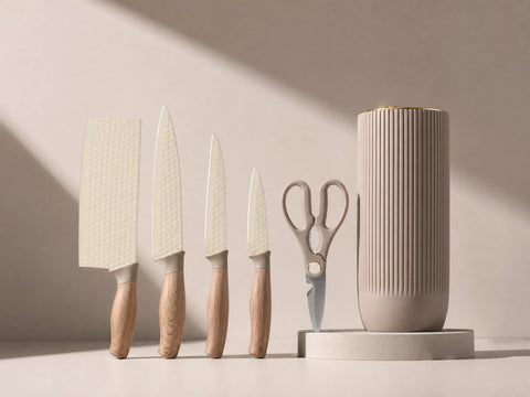 6-Piece Cream-Colored Hammered Stainless Steel Kitchen Knife Set with Wood-Look Ergonomic Handles and a Versatile Vertical Slotted Knife Block with Gold-Toned Edges