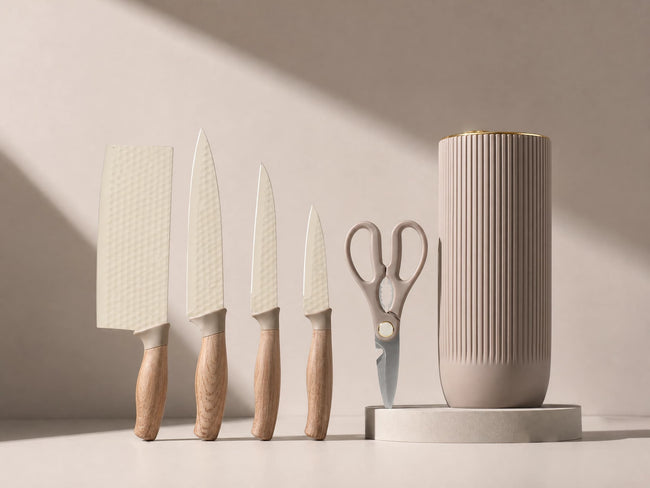 6-Piece Cream-Colored Hammered Stainless Steel Kitchen Knife Set with Wood-Look Ergonomic Handles and a Versatile Vertical Slotted Knife Block with Gold-Toned Edges