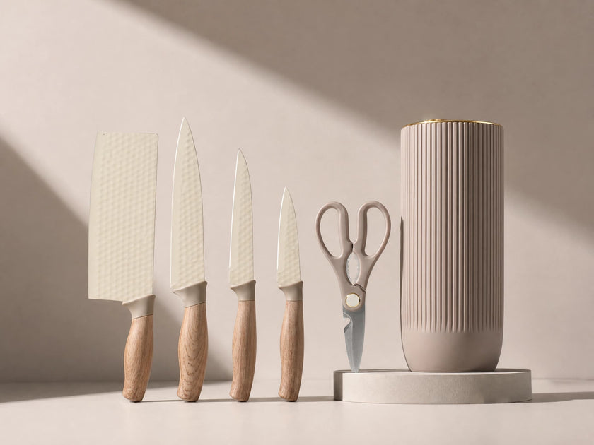 6-Piece Cream-Colored Hammered Stainless Steel Kitchen Knife Set with Wood-Look Ergonomic Handles and a Versatile Vertical Slotted Knife Block with Gold-Toned Edges
