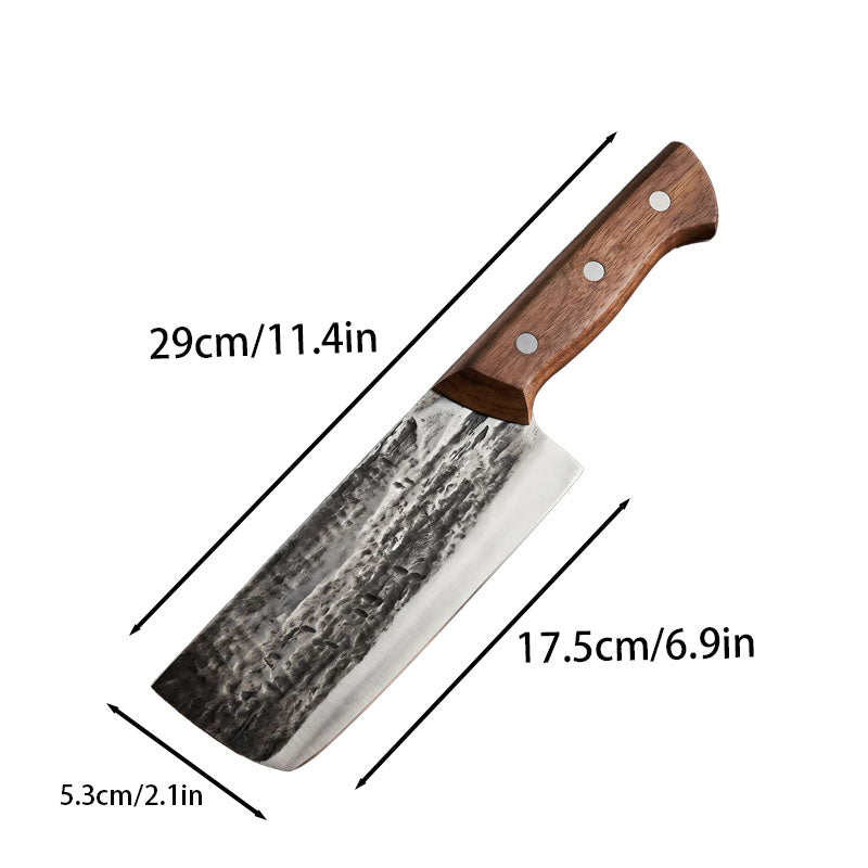 Hand-Forged Chinese Chef Knife – 7-Inch 5Cr15 High Carbon Steel Cleaver, Hammered Non-Stick Blade, Carbonized Beech Wood Handle, 11.4-inch Overall Length, Professional Kitchen Slicing Knife