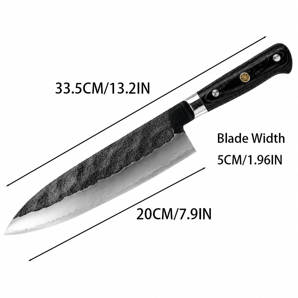 8 Inch VG10 Core Three-Ply Forged Chef Knife, Hand Hammered Blade, Stabilized Black Color Wood Handle, Professional Multipurpose Kitchen Cooking Knife