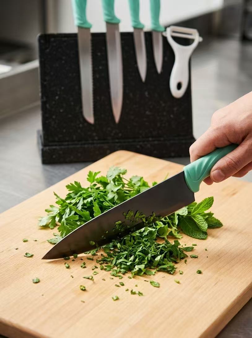 6 Pcs Polished Stainless Steel Kitchen Knife Set, Fresh Turquoise Leaf-Shaped Ergonomic Handles