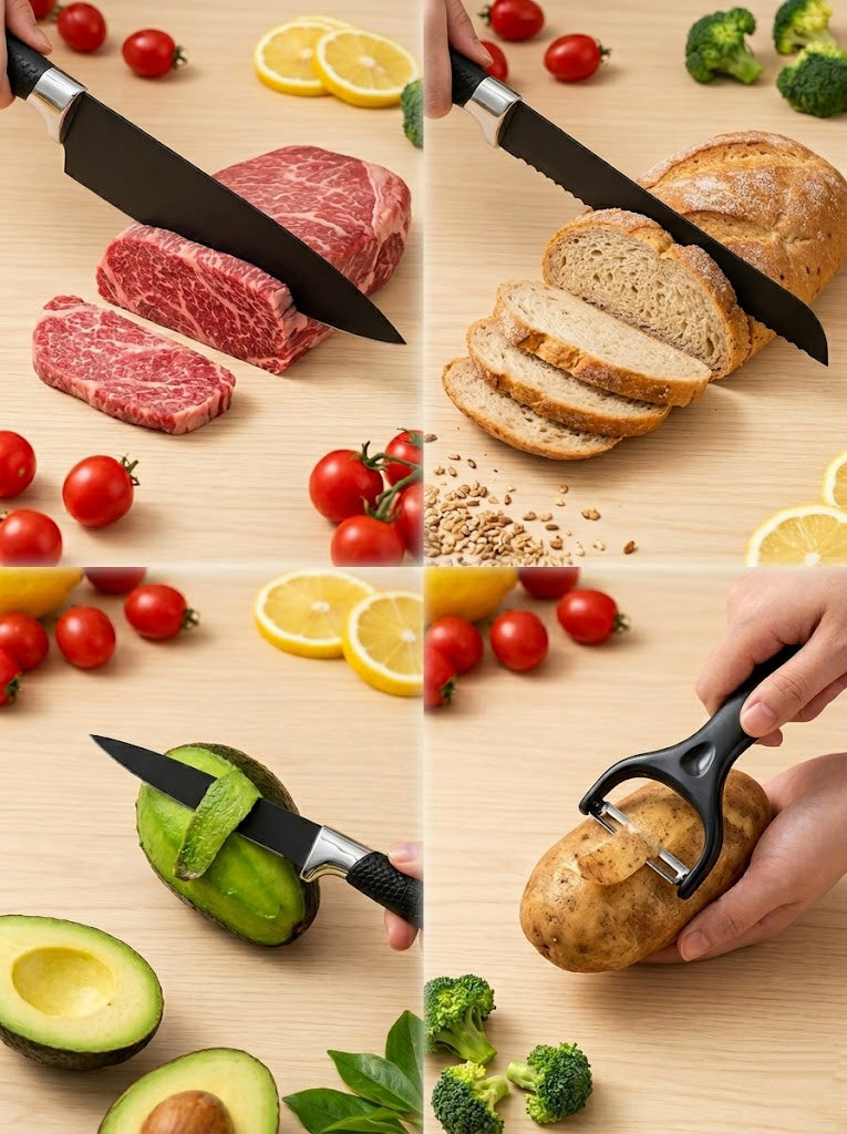 4-Piece Black Non-Stick Kitchen Knife Set, Grid Textured Non-Slip Handles