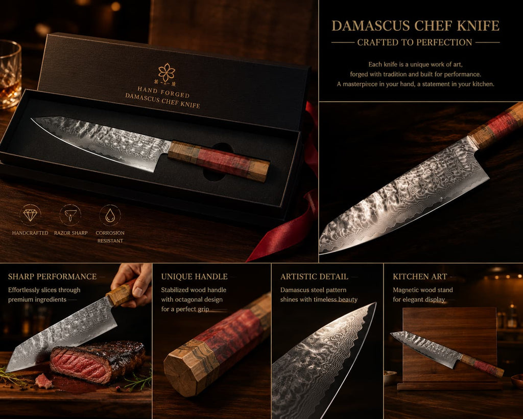 8.7 Inch 9Cr18 Damascus Steel Kiritsuke Chef Knife, Octagonal Spliced Stabilized Wood Handle, All-Purpose Premium Kitchen Knife