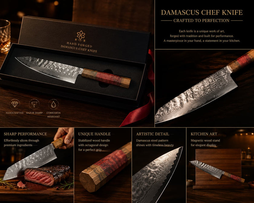 8.7 Inch 9Cr18 Damascus Steel Kiritsuke Chef Knife, Octagonal Spliced Stabilized Wood Handle, All-Purpose Premium Kitchen Knife
